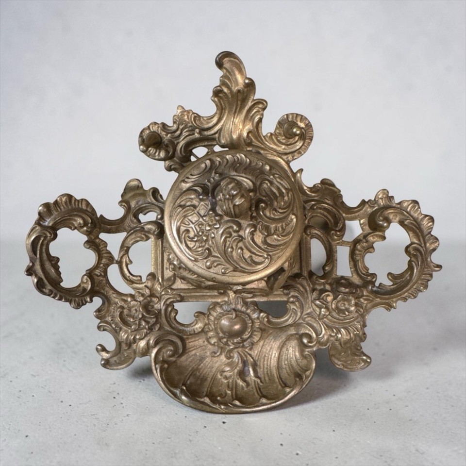 Antique Victorian Rococo Revival Cast Brass Single Inkwell Desk Stand