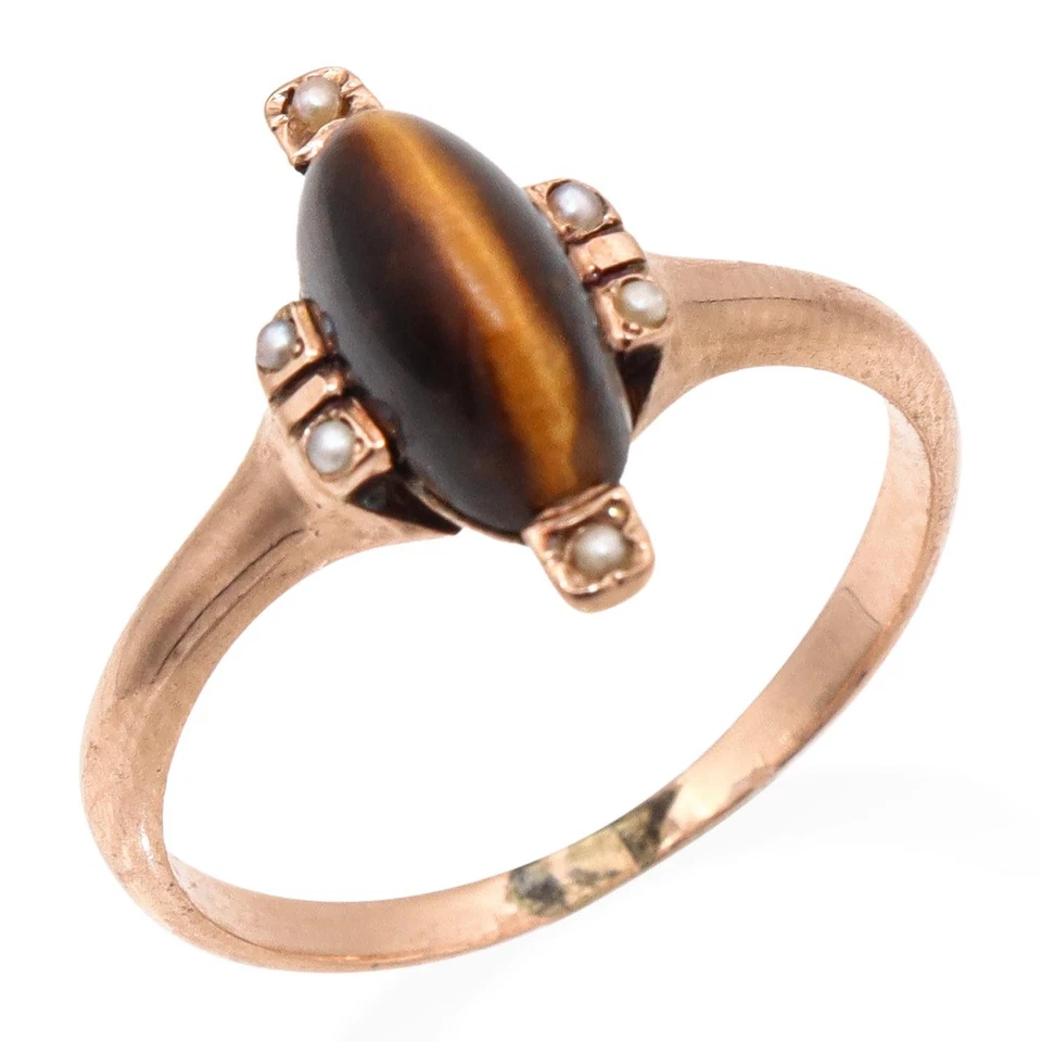 Antiguo Anillo Banda Perla Semilla Cabujón Ojo de Tigre Oro Rosa 10k Foto 2 de 4
