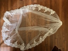 Ivory Cathedral Tulle Net Wedding Veil with Lace Edge Trim and Comb