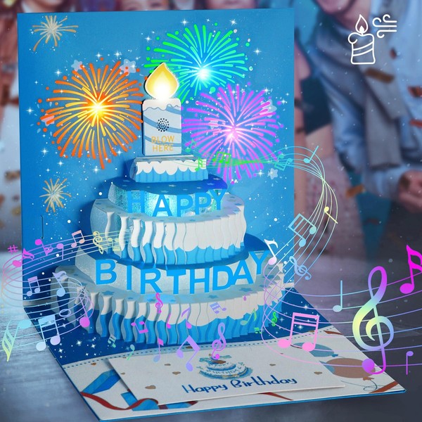 3D Geburtstagskarte Pop-Up Musik LED Licht 15X15Cm Blau, Geburtstagsgeschenk-image