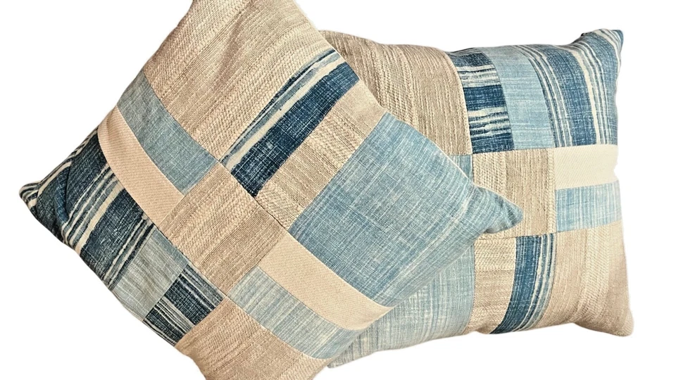 Набор из 2 Pottery Barn джинсовой ткани лоскутные подушки со вставками 20 x 20 синий - Изображение 2 из 4