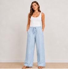 Ladies Trousers Linen Mix Womens Stripe Summer Holiday Elastic Waist Beach NEW