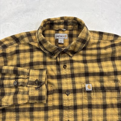 Carhartt Shirt Men's XL Yellow/Black Plaid Flannel Relaxed Fit Long Sleeve