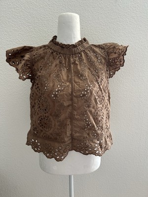 Brown Ruffled Flutter Sleeve Blouse size s 100% cotton
