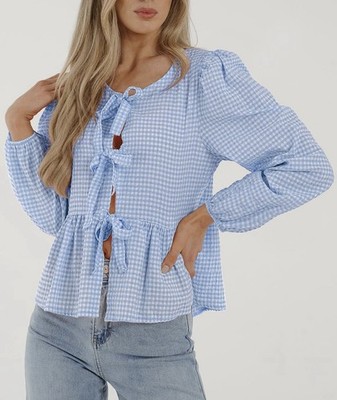 PrettyGarden NWT Light Blue Plaid Gingham Tie Front Peplum Blouse XL Puff
