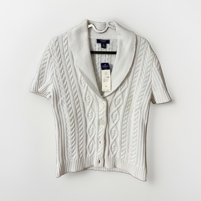 Chaps Denim White Cable Knit Shawl Collar Button Front Short Sleeve Cardigan M