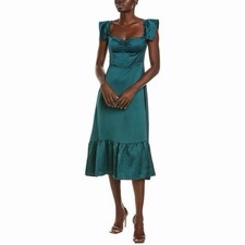 O.P.T. Emerald Green Satin Smocked Ruffle Midi Dress Size XL NWT Wedding Guest