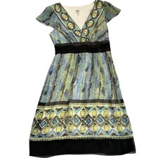 Sangria Petite Blue Green Chevron Geometric Faux Wrap Empire Waist Dress 10P