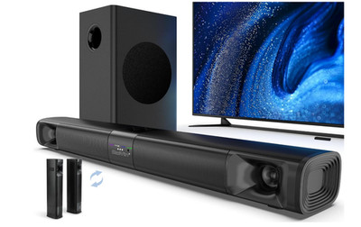 Barra de sonido 100W desmontable con subwoofer, ARC/Bluetooth, graves ajustables