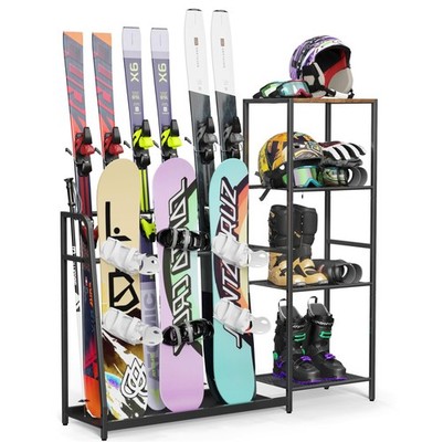 Freestanding Snowboard Rack - 4 Pair Ski, 3 Pack Snowboard, Boot, Pole, Goggl...