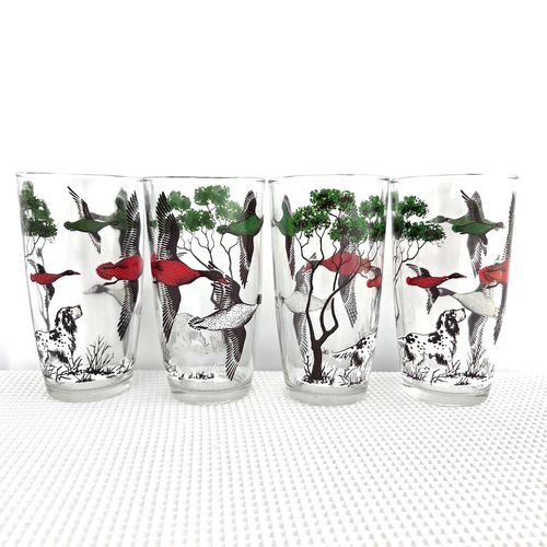 Lot of 4 Vintage Hunting Dog & Duck Hi Ball Water Drinking Glasses 5.5" Tall - Picture 1 of 9