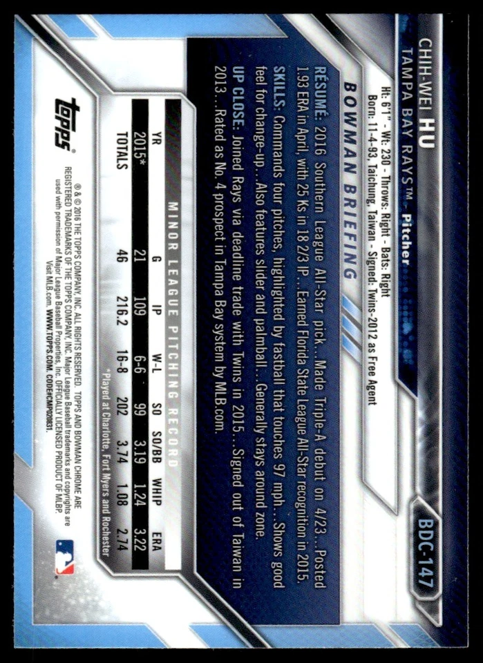 2016 Bowman Draft Picks & Prospects Chrome Chih-Wei Hu Tampa Bay Rays #BDC-147 - Image 2 of 2