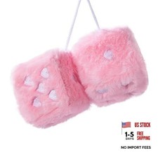 Heart Embroidered Fuzzy Plush Dice - 3-Inch Decorative Car Mirror Baby Pink