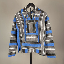 Artesanias Mickey Baja Hoodie Pullover Blue Gray Striped Mexican Drug Rug Size M