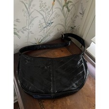 Vintage 80s EEL Skin Handbag w Shoulder Strap Made in Korea Black 12.5x7.5x1.5  