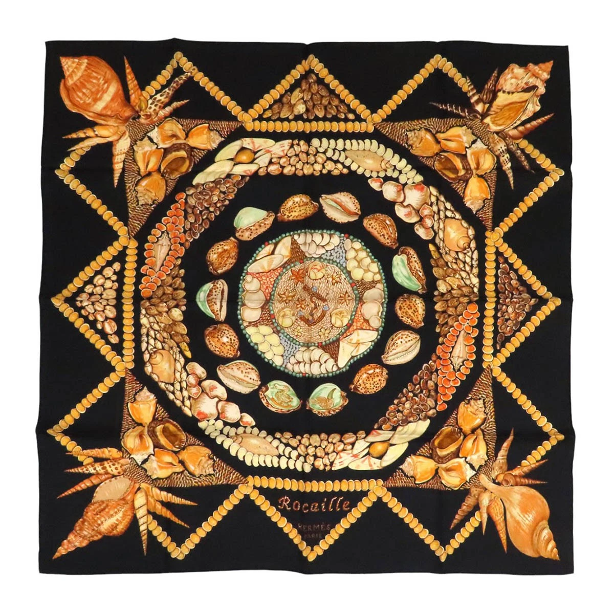 Hermes — HERMES Carre 90 Rocaille Seashell Scarf unisex black [Excellent Condition]