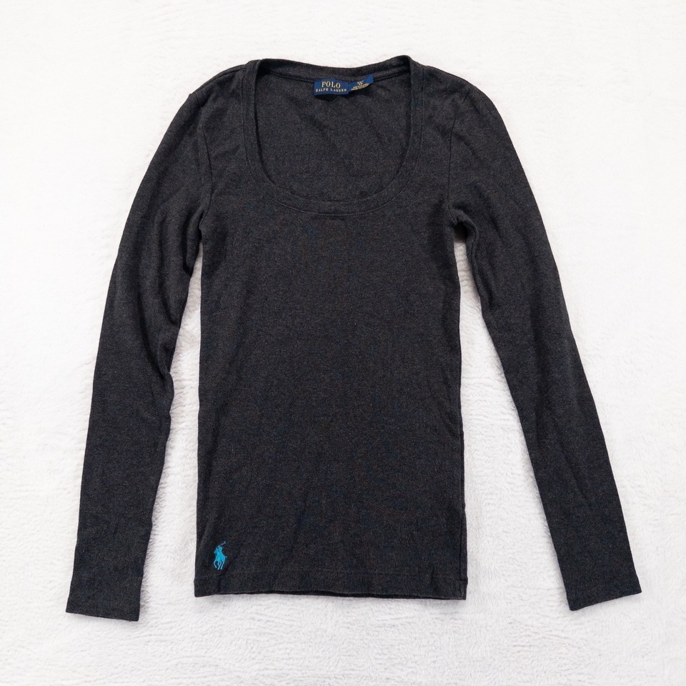 Polo Ralph Lauren Womens Top XS Gray Long Sleeve Scoop Neck Pony Logo Basic Tee