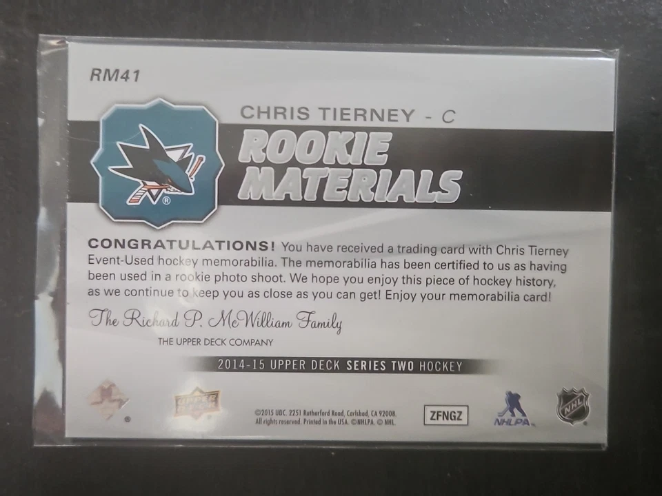 2014-15 Upper Deck Rookie Materials Chris Tierney #RM41 RC - Image 2 of 2