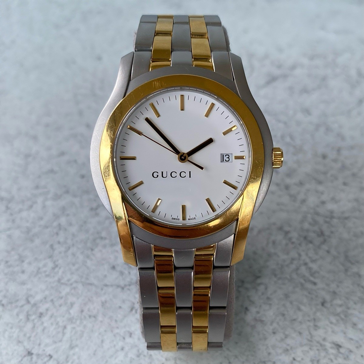 Gucci 5500 XL Quartz Two Tone Swiss Made Quickset Date White Dial