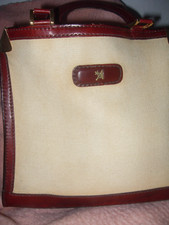Handtasche ASSIMA, DIN a 4, Leder mit Leinen, weinrot mit beige