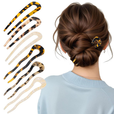 6 Pcs Tortoise Shell U Shaped Hair Pins for Thick Long Hair (Yellow, Beige)