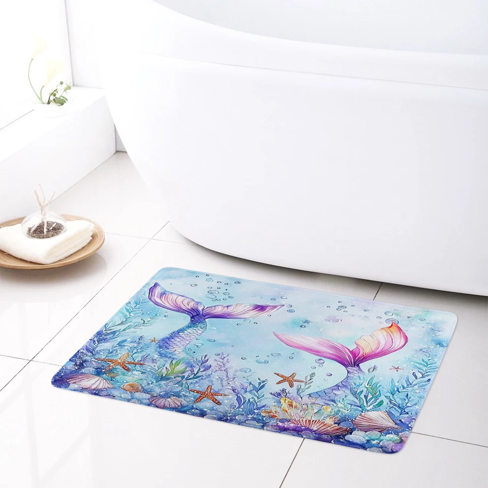 Juego de cortinas de ducha rosa cola abstracta estrella de mar azul océano para decoración de baño Foto 3 de 4