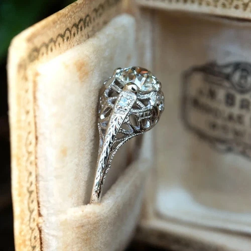 Art Deco Vintage Style Round Lab Created Diamond Wedding Ring 14K White Gold FN