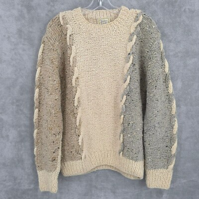Gaeltarra Handknit Irish Sweater L Cream Gray Wool Cable Knit County Mayo VTG