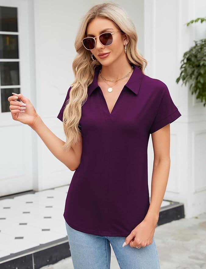 SimpleFun Womens Work Tops Business Casual V Neck Collared Summer