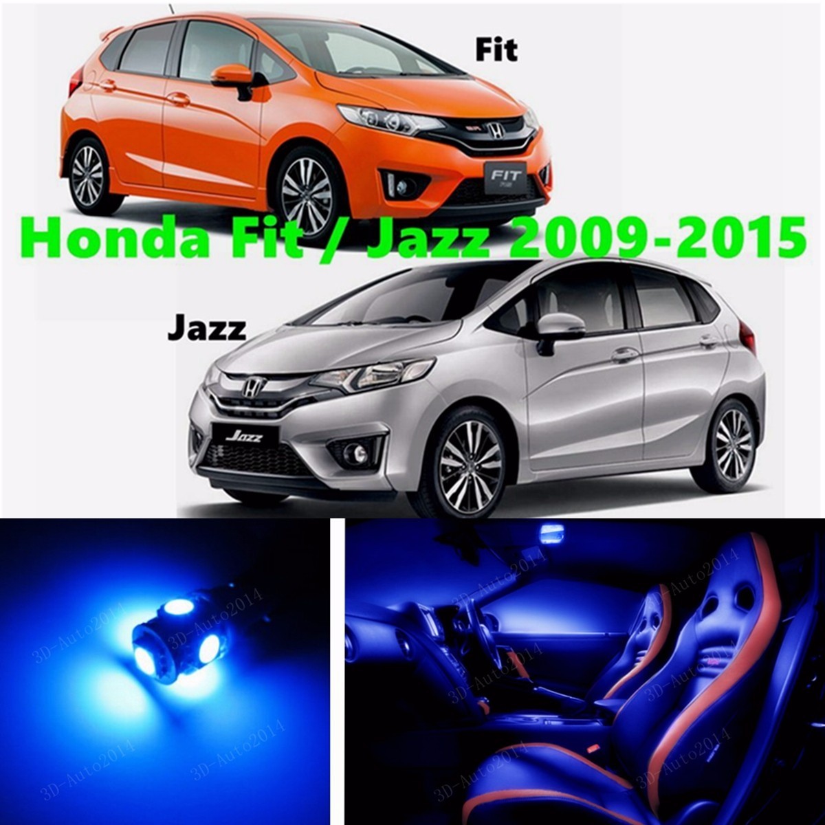 9pcs Blue Light LED Interior Package Kit for Honda Fit or Jazz