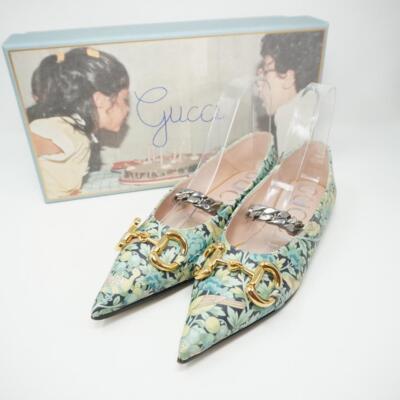 Gucci Flat Shoes Pumps Chain Floral Leather Green Size 36 US