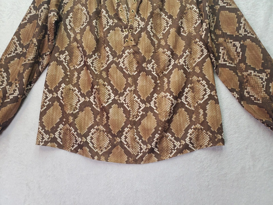 Blusa Top Michael Kors Para Mujer Pequeña Marrón Estampado Piel de Serpiente Manga Larga Cuello en V Foto 3 de 4