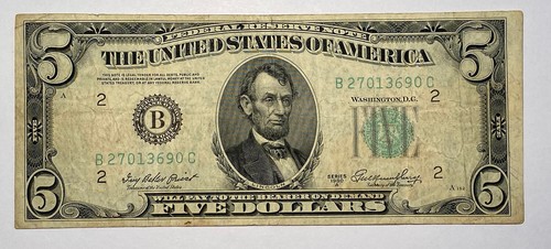 1950-A $5 Five Dollar Bill Offset Transfer Front to Back *circulated* B27013690C - Picture 3 of 4