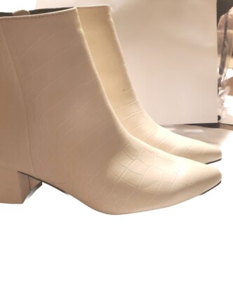 Y Express White Off White Croc Embossed Pointy Toe Block Heel Ankle Boots 