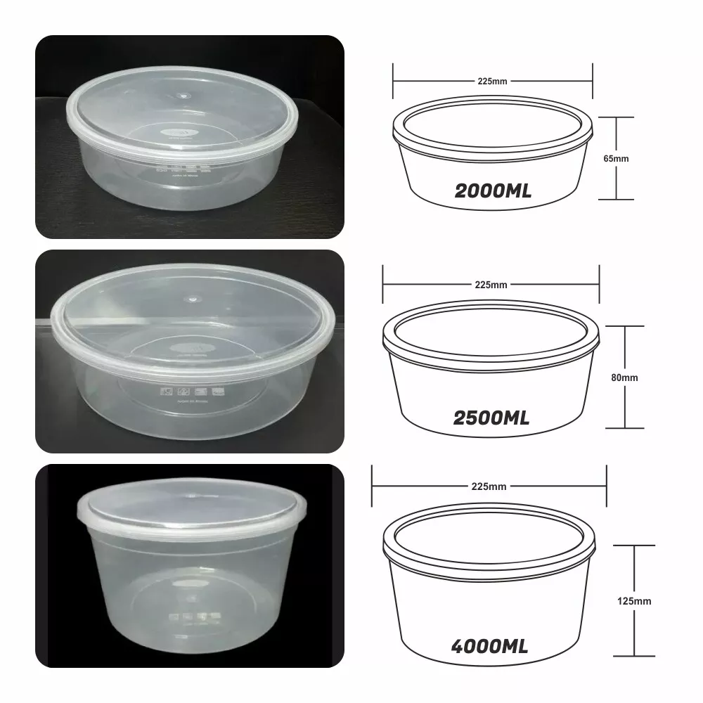 Set of 50 Clear Round Plastic Food Container with Lid 2000 2500 4000 ml