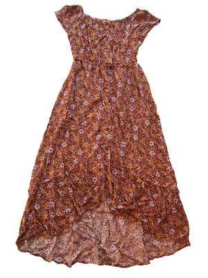 Indigo Rose Rayon Brown Purple Cap Sleeve High Low Maxi Sun Dress Small