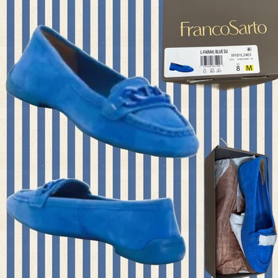 Franco Sarto Blue Suede Almond Toe Foam Footbed Chain Accent Farah Loafer-8 Med