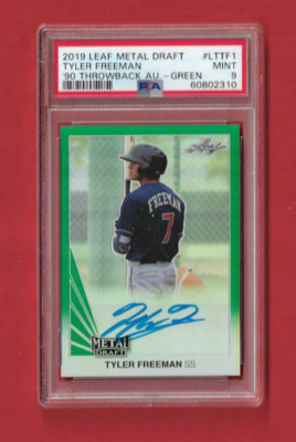 Baseball 2019 Leaf Metal Draft Throwback Green Auto 02/10 Tyler Freeman PSA 9