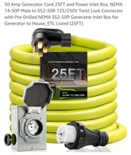 Campzlly 50 Amp Generator Cord and Power Inlet Box 25FT NEMA 14-50P/SS2-50R New