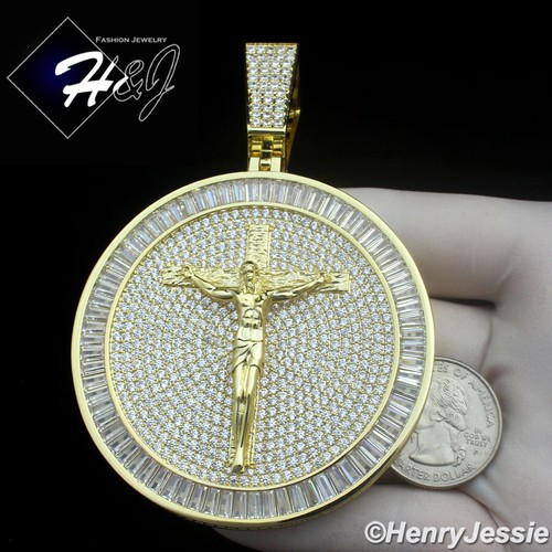 MEN 14K GOLD PLATED ICY CZ SILVER/GOLD 3D JESUS CHRIST CROSS ROUND PENDANT*BP17 - Picture 10 of 10