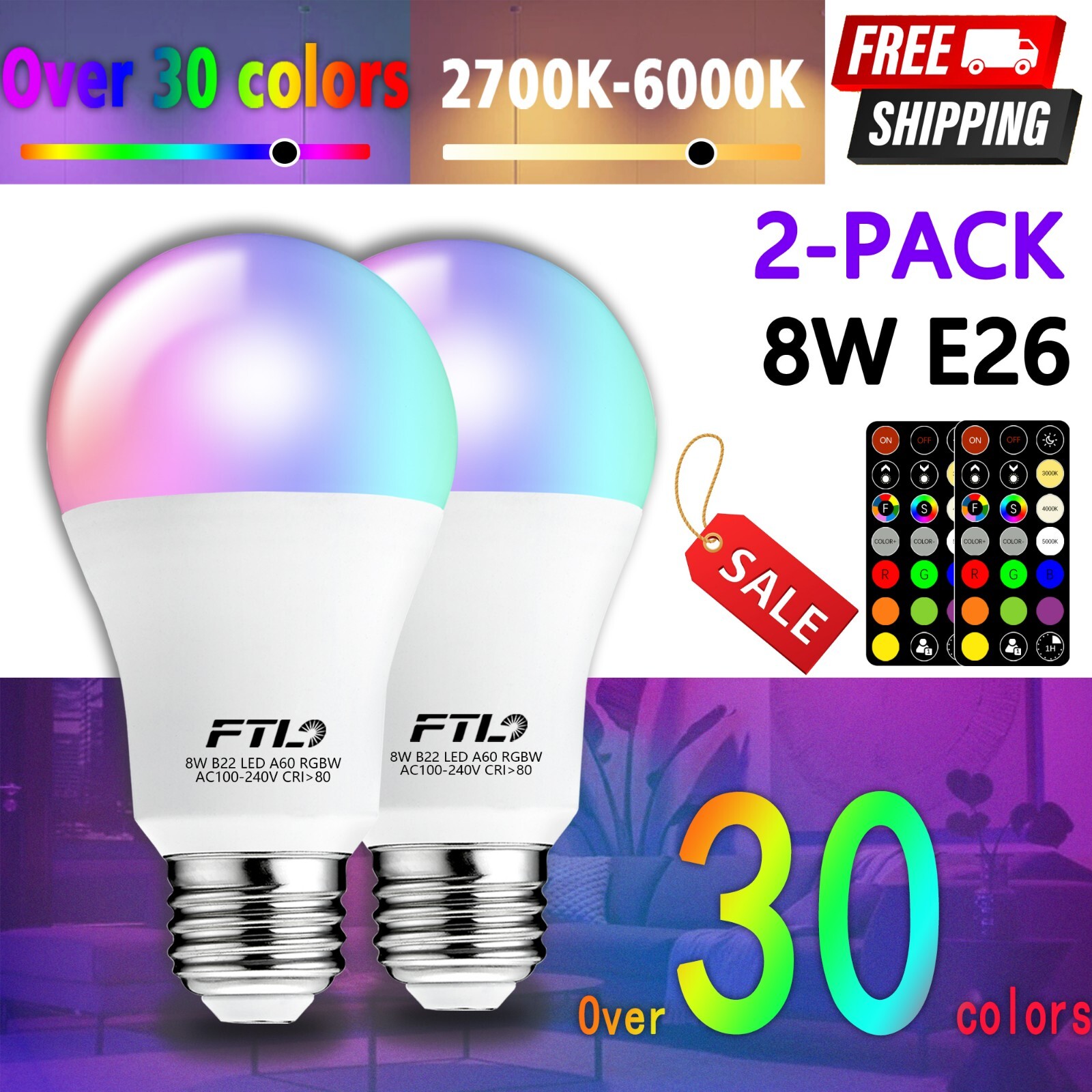 FTL 2-Pack LED Color Changing Light Bulb with Remote Control