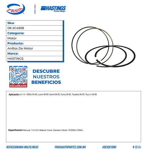 Juego de anillos de pistón para Nissan Tsuru 1995-1999 L4 1.6 16V. Talla: eBay