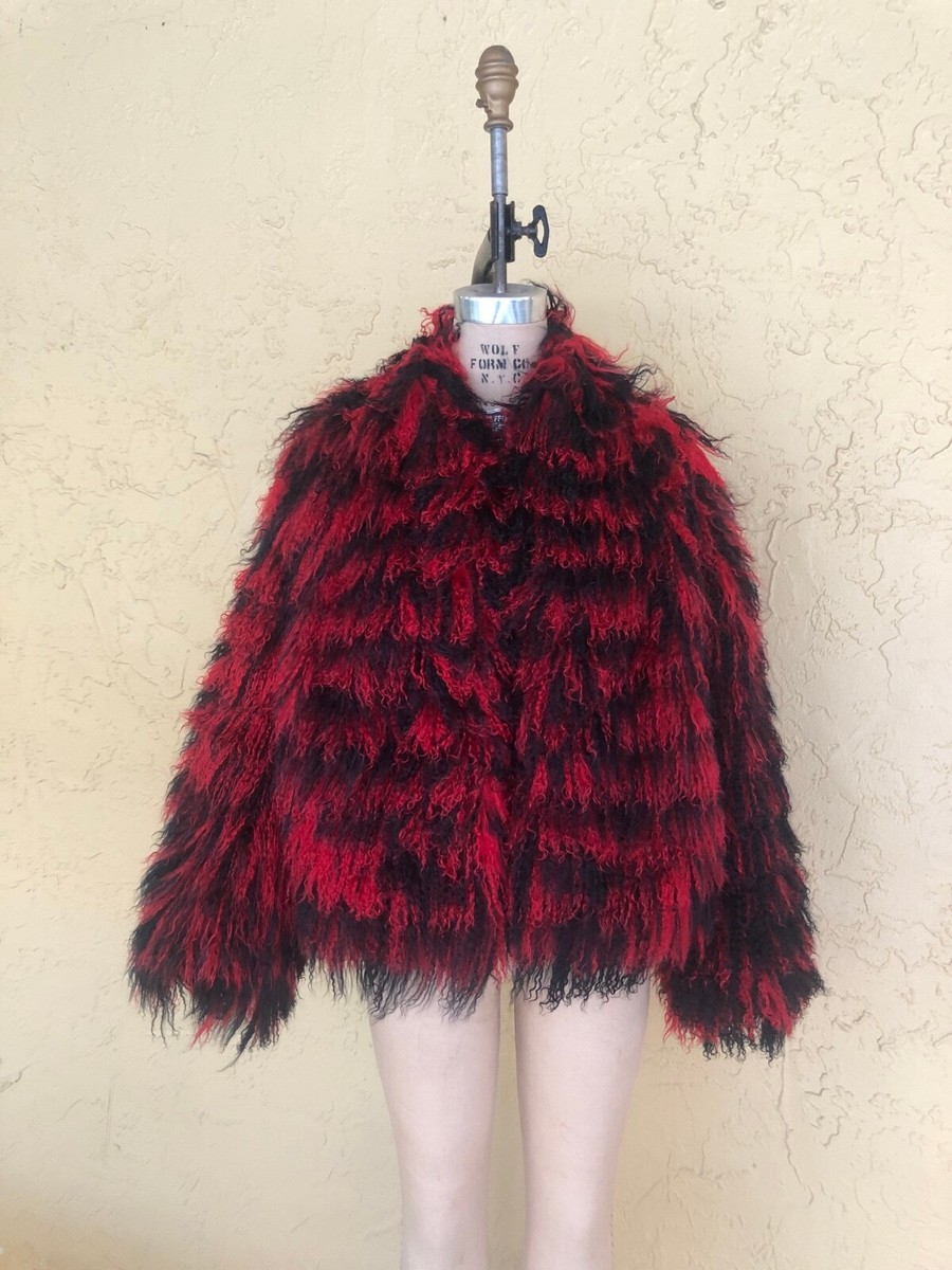 Vintage 90s Red & Black Mongolian Fur Coat Shaggy Designer