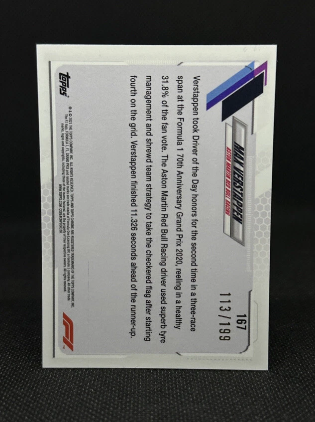 2021 Topps Chrome Formula 1 #167 Max Verstappen Sapphire Chartreuse /199 - Image 2 of 2