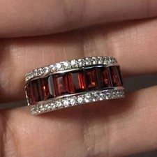 925 Sterling Silver Natural Garnet Three Row Half Eternity Ring Band