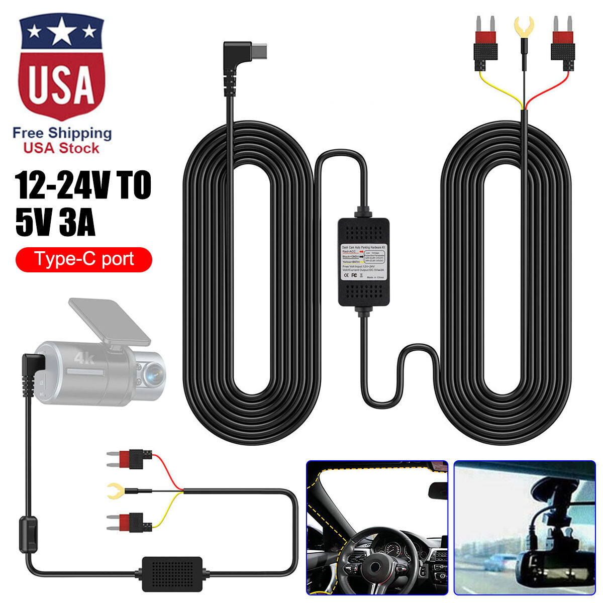 Universal Mini Micro USB Hard Wire Fuse Kit 3.5m for 5V Car Dash Cam DVR-image
