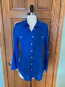 Chicos-Shirt-0-Small-Royal-Blue-Linen-Blend-Camp-Blouse-Top-Roll-Tab-Sleeve