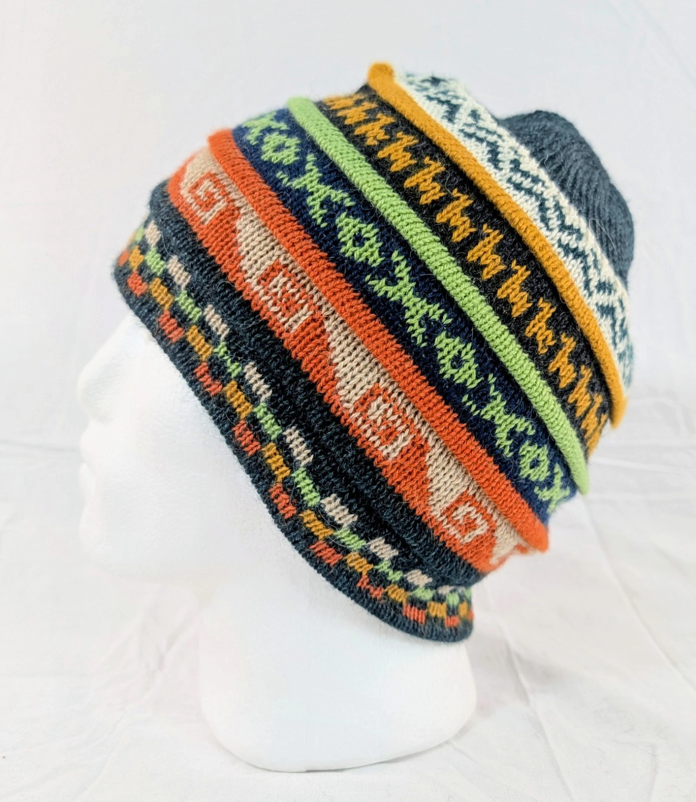 Soft Baby Alpaca Beanie Reversible Green Brown Unisex Colorful Boho Llama Peru