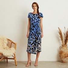 Evening Glam Midi Dress Blue Black Animal Print Jersey Pencil Short Sleeve US 8