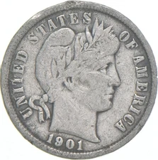 1901-P Barber Dime 90% Silver Average Circ